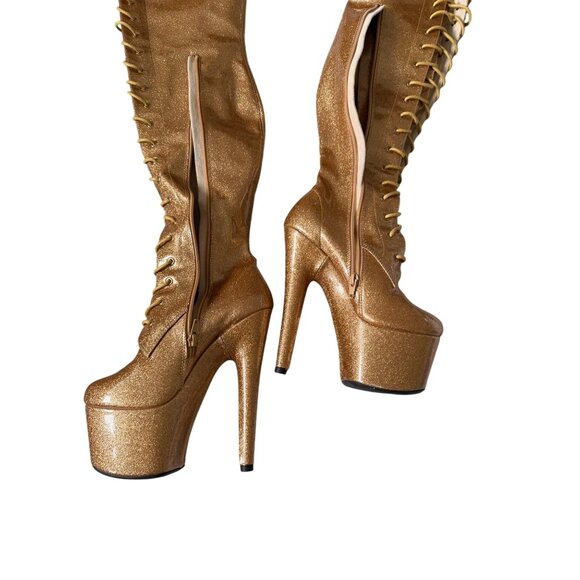 GOLD Glitter Platform Over the Knee Lace Up Boots Size US 7 - Picture 9 of 12